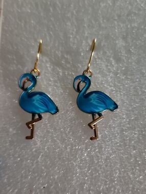 Hand Crafted Blue Flamingo Drop Earrings with Gold Accents